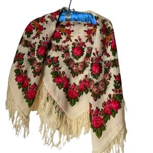Vintage Pavlovo Posad wool Floral Fringe Scarf - shawl Cream and Pink